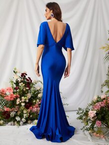 深V領蝙蝠袖魚尾裙下擺緞面舞會連衣裙 - 寶藍色 - 查看 2