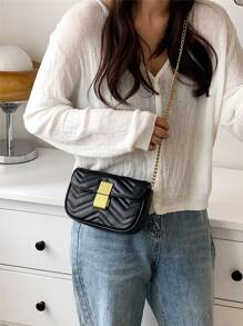 Mini Chevron Detail Flap Chain Square Bag - Black - View 1