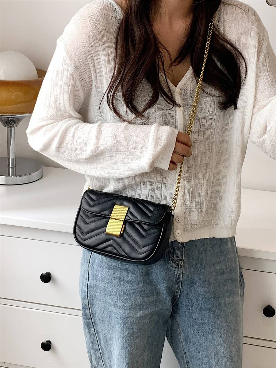 Mini Chevron Detail Flap Chain Square Bag - Black - View 1