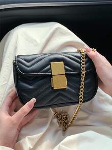 Mini Chevron Detail Flap Chain Square Bag - Black - View 3