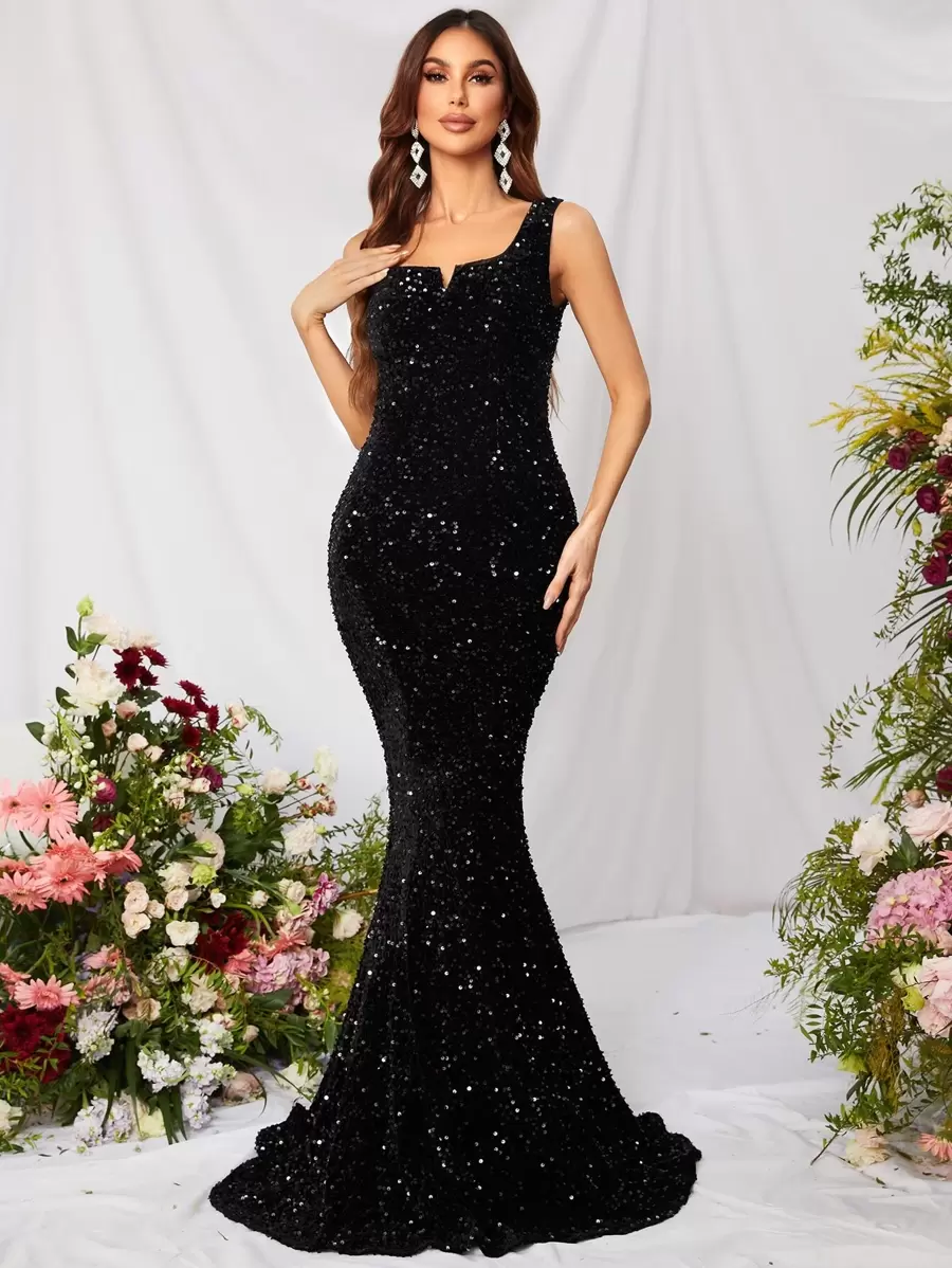 Notch Neck Sequin Prom Dress - Black - View 1