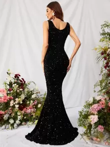 Notch Neck Sequin Prom Dress - Black - View 2