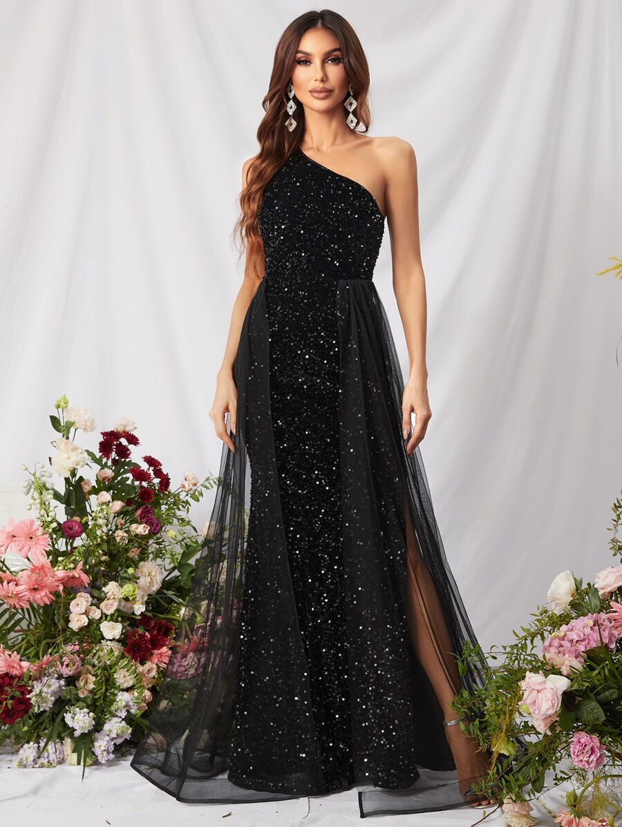 One Shoulder Split Thigh Sequin Prom Dress - Black - View 1