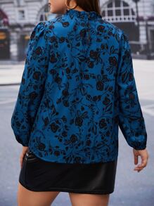 SHEIN Clasi 大碼印花褶邊燈籠袖襯衫 - 藍色 - 查看 4