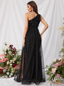 One Shoulder Split Thigh Sequin Prom Dress - Black - View 2