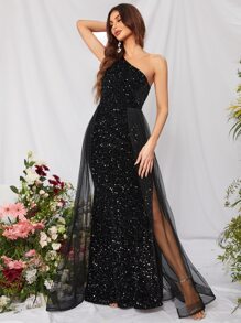 One Shoulder Split Thigh Sequin Prom Dress - Black - View 3