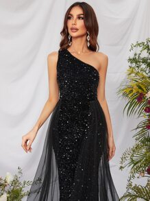 One Shoulder Split Thigh Sequin Prom Dress - Black - View 4