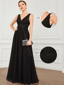 EVERPRETTY 蕾絲拼接雙V領褶邊雪紡伴娘連衣裙 - 黑色 - 查看 7