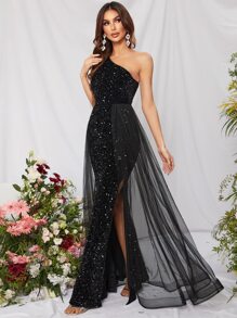One Shoulder Split Thigh Sequin Prom Dress - Black - View 5