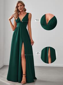 Spring Deep V-Neck Slit Thigh Length Green Bridesmaid Dress, Formal Wedding Guest Dress, Christmas Party Dress For Women - Dark Green - View 7