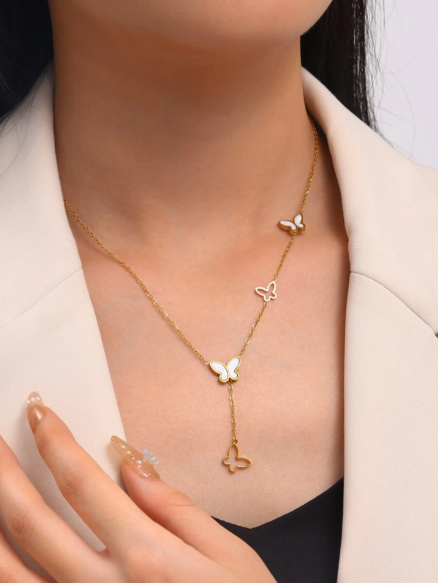Butterfly Charm Y Lariat Necklace - Yellow Gold - View 1