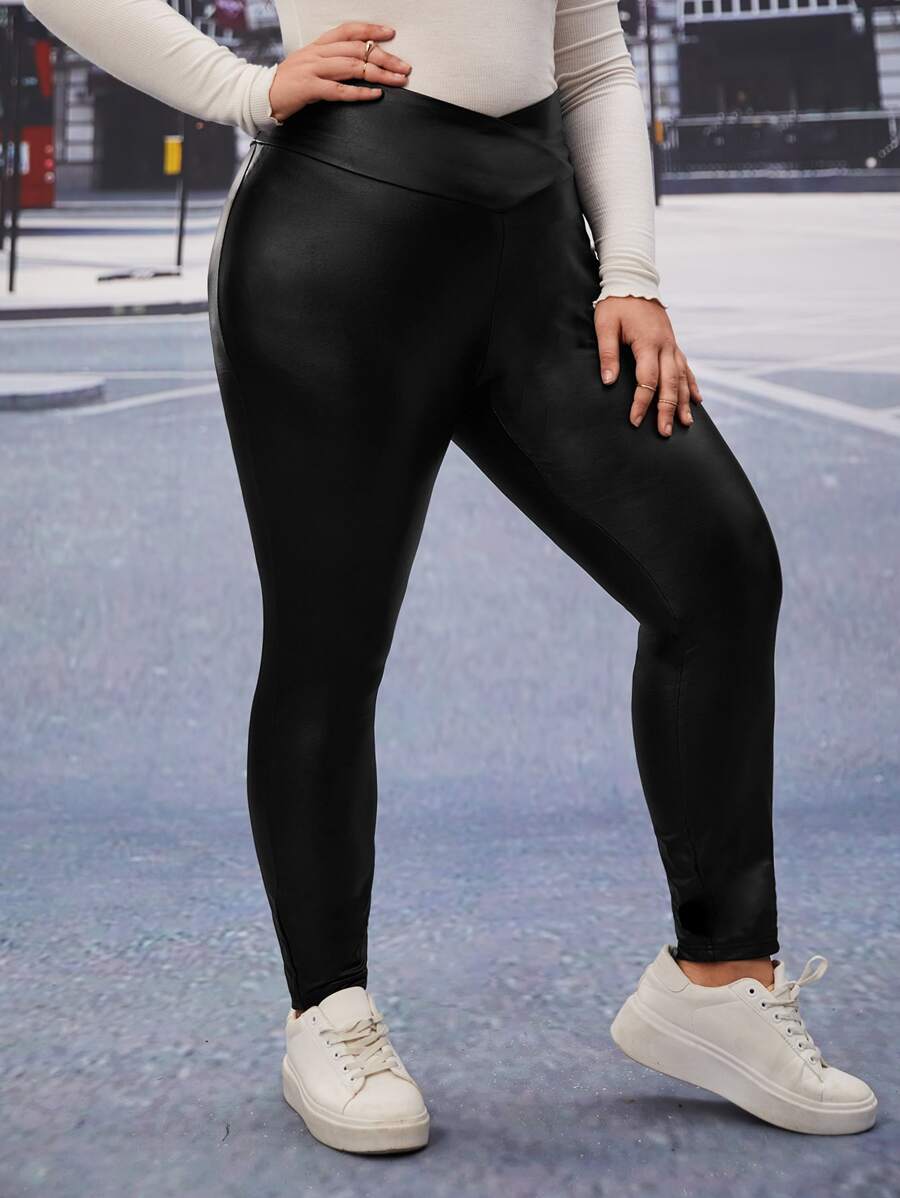 SHEIN Privé Plus Solid PU Leather Skinny Trousers - Black - View 1