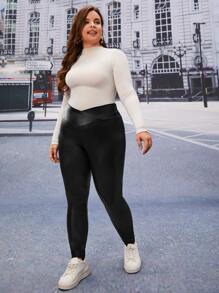 SHEIN Privé Plus Solid PU Leather Skinny Trousers - Black - View 3