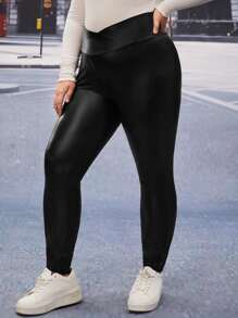 SHEIN Privé Plus Solid PU Leather Skinny Trousers - Black - View 6