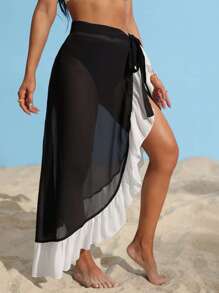 Swim Vcay Falda de pareos de color combinado bajo con fruncido - Negro - Ver 3