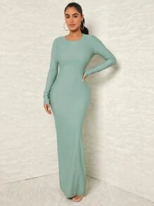 SHEIN SXY 素色後背繫帶高衩超長緊身洋裝 - 薄荷綠 - 查看 2