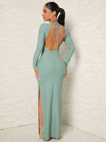 SHEIN SXY 素色後背繫帶高衩超長緊身洋裝 - 薄荷綠 - 查看 3