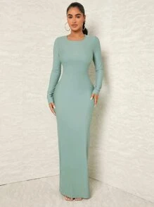 SHEIN SXY 素色後背繫帶高衩超長緊身洋裝 - 薄荷綠 - 查看 5