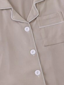 SHEIN Genkimix Kids 2pcs Khaki Solid Pocket Design Mandarin Collar Casual Pajama Set For Toddler Boys - Khaki - View 3