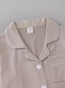 SHEIN Genkimix Kids 2pcs Khaki Solid Pocket Design Mandarin Collar Casual Pajama Set For Toddler Boys - Khaki - View 4