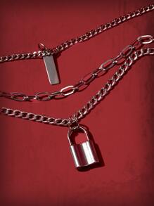 ROMWE Grunge Punk 鎖吊墜多層次項鍊和鉚釘裝飾頸鏈 - 銀色 - 查看 4