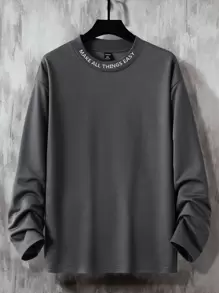 Manfinity 男士標語圖案落肩T恤 - 深灰色 - 查看 1