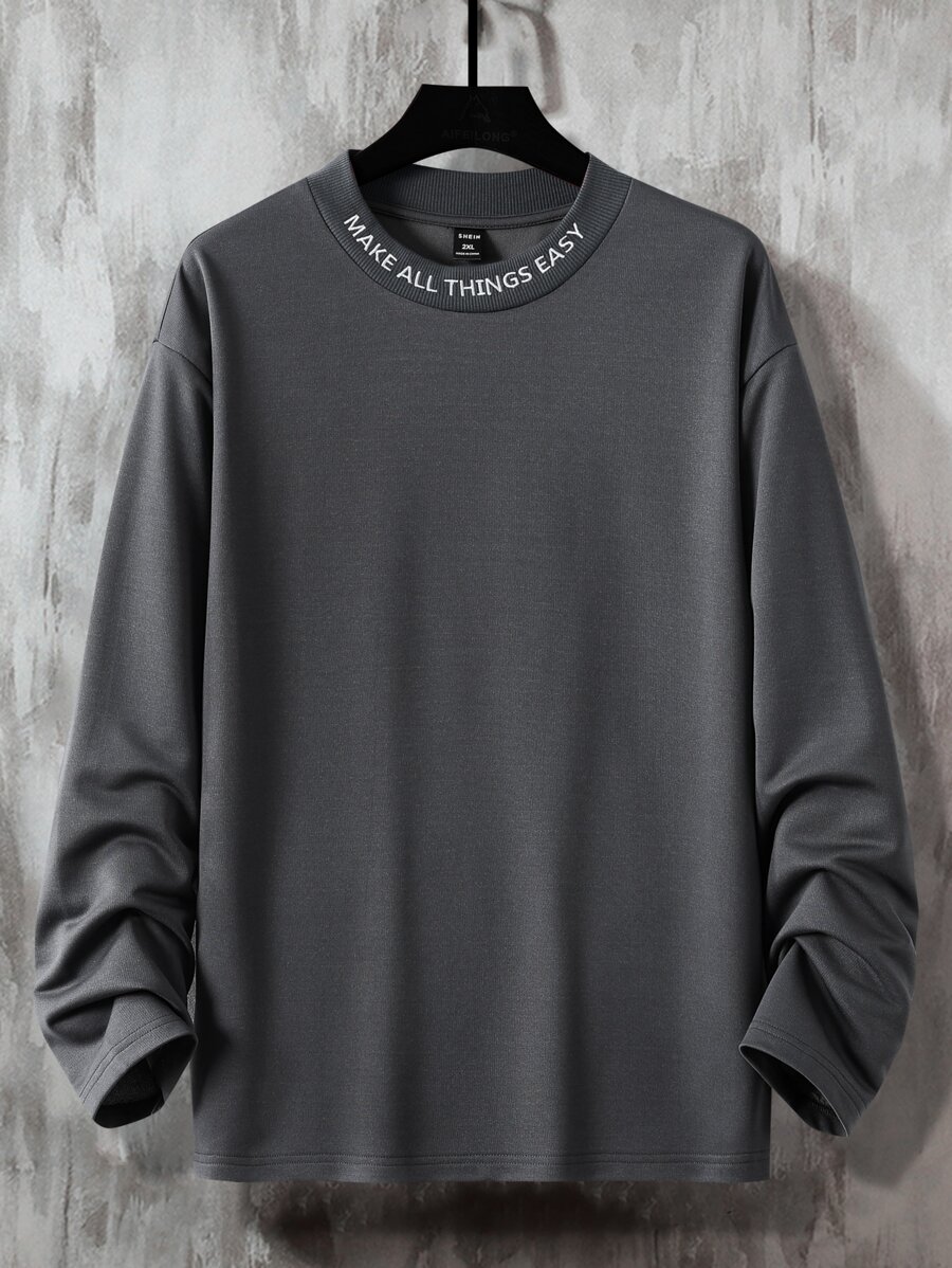 Manfinity 男士標語圖案落肩T恤 - 深灰色 - 查看 1