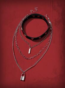 ROMWE Grunge Punk 鎖吊墜多層次項鍊和鉚釘裝飾頸鏈 - 銀色 - 查看 5