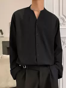 Manfinity Homme 男款寬鬆實色鈕扣上衣 - 黑色 - 查看 1