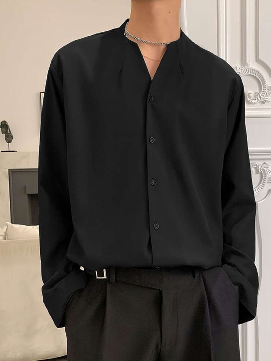 Manfinity Homme 男款寬鬆實色鈕扣上衣 - 黑色 - 查看 1