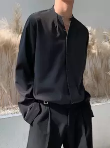 Manfinity Homme 男款寬鬆實色鈕扣上衣 - 黑色 - 查看 3
