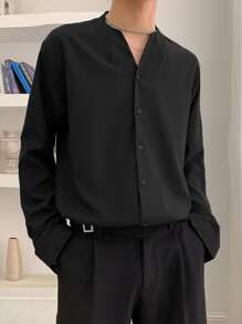 Manfinity Homme 男款寬鬆實色鈕扣上衣 - 黑色 - 查看 5