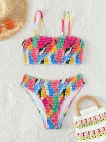 Allover Print Smocked Summer Beach Bikini Set - Multicolor - View 5