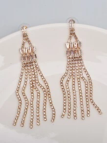 Rhinestone Tassel Drop Earrings - Yellow Gold - View 1