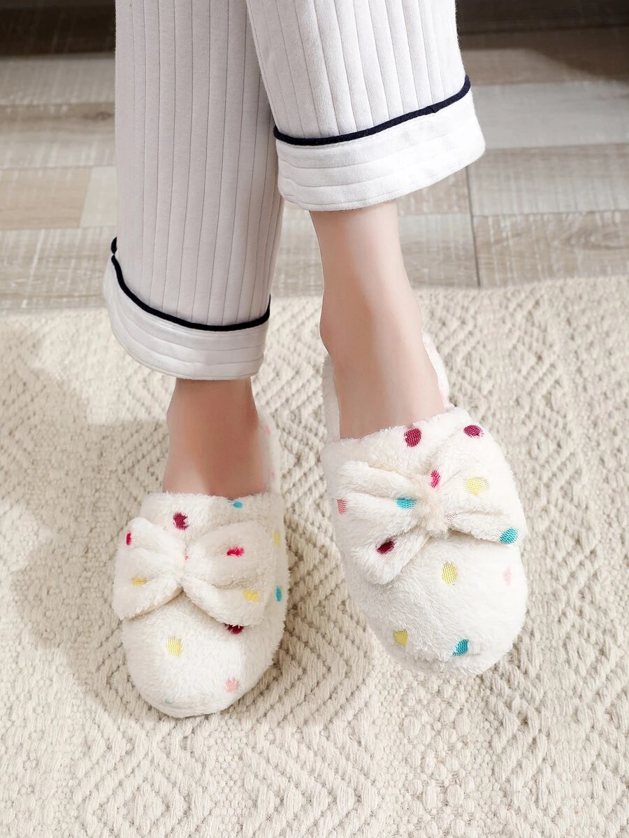 女用家用拖鞋 閉趾蝴蝶設計 秋冬白色蓬鬆拖鞋 防滑外底 保暖毛絨襯裡 - 米色 - 查看 1