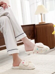 女用家用拖鞋 閉趾蝴蝶設計 秋冬白色蓬鬆拖鞋 防滑外底 保暖毛絨襯裡 - 米色 - 查看 4