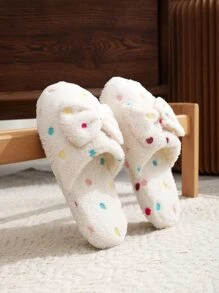 女用家用拖鞋 閉趾蝴蝶設計 秋冬白色蓬鬆拖鞋 防滑外底 保暖毛絨襯裡 - 米色 - 查看 5