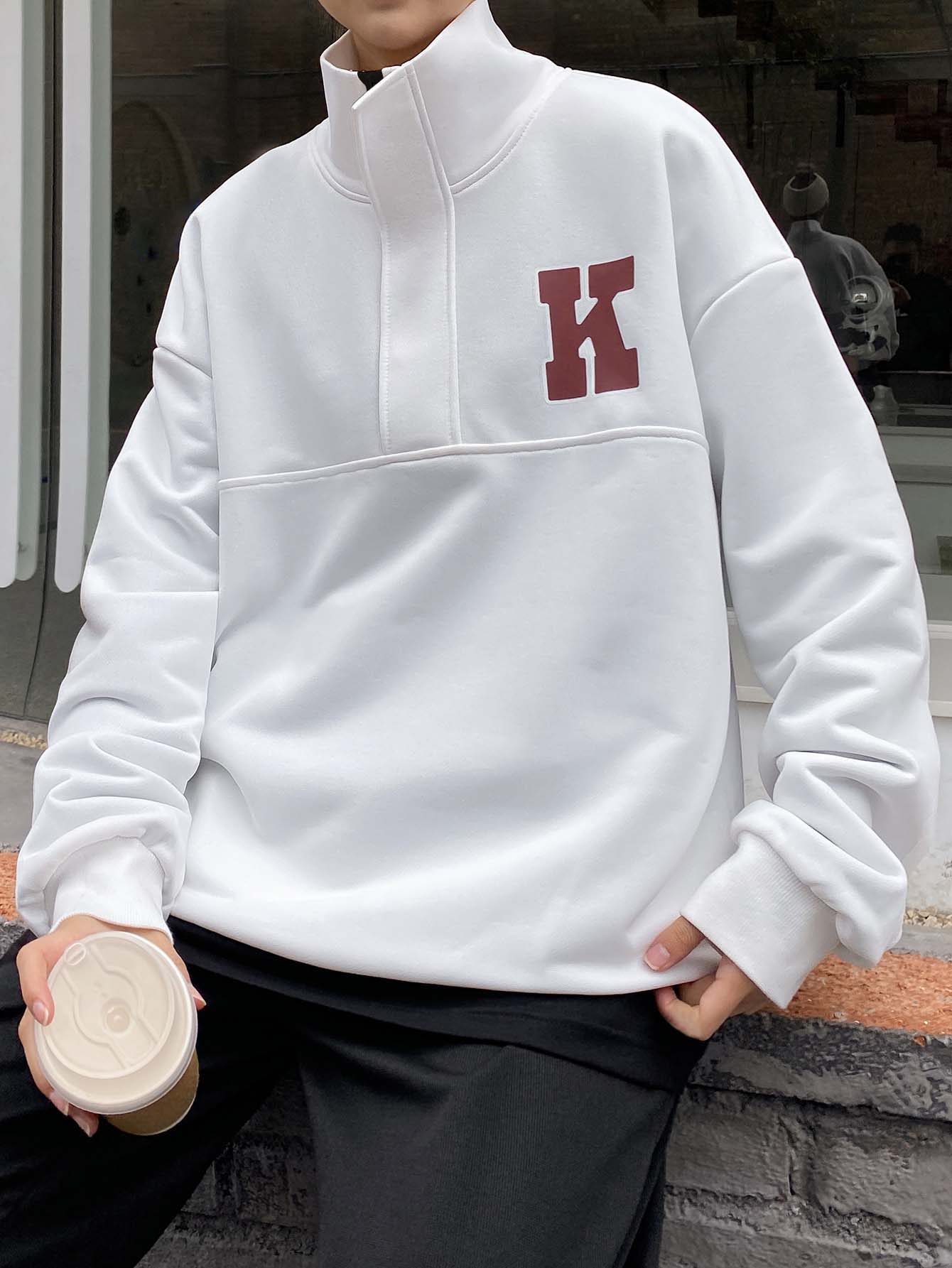 Manfinity Men Letter Graphic Quarter Zip Drop Shoulder Sweatshirt - White - View 1