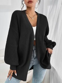 SHEIN EZwear Cárdigan de punto acanalado de hombros caídos en negro, cárdigan regular de punto acanalado de estilo obispo de uso casual para las damas a finales del otoño, cárdigan liso negro para mujer de uso diario casual, blusas de manga larga - Negro - Ver 3