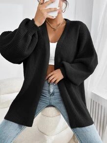 SHEIN EZwear Cárdigan de punto acanalado de hombros caídos en negro, cárdigan regular de punto acanalado de estilo obispo de uso casual para las damas a finales del otoño, cárdigan liso negro para mujer de uso diario casual, blusas de manga larga - Negro - Ver 4