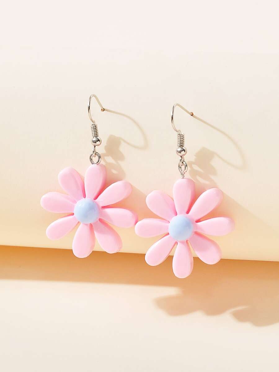 1pair Fashionable Y2k Style Daisy Pendant Dangle Earrings For Women, Perfect Gift For Party Birthday Celebration - Baby Pink - View 1
