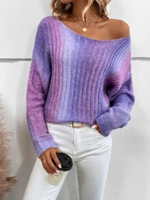 SHEIN LUNE Ombre Batwing Sleeve Jumper - Purple - View 6