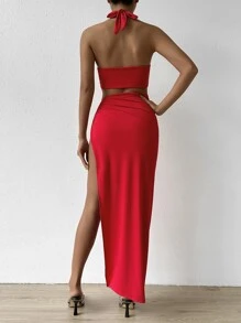 SHEIN Allurite O-ring Cut Out Split Thigh Halter Dress - Red - View 2