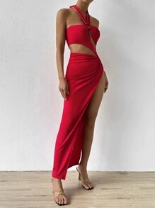SHEIN Allurite O-ring Cut Out Split Thigh Halter Dress - Red - View 5