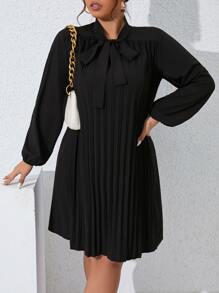 SHEIN Clasi Vestido de cuello con cordón bajo fruncido - Negro - Ver 1