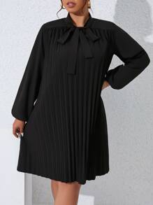 SHEIN Clasi Vestido de cuello con cordón bajo fruncido - Negro - Ver 4