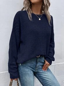 SHEIN LUNE Jersey de punto de malla de hombros caídos - Azul Marino - Ver 1