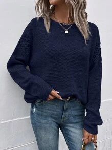 SHEIN LUNE Jersey de punto de malla de hombros caídos - Azul Marino - Ver 3