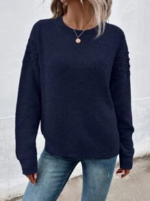 SHEIN LUNE Jersey de punto de malla de hombros caídos - Azul Marino - Ver 4