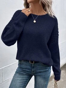 SHEIN LUNE Jersey de punto de malla de hombros caídos - Azul Marino - Ver 5